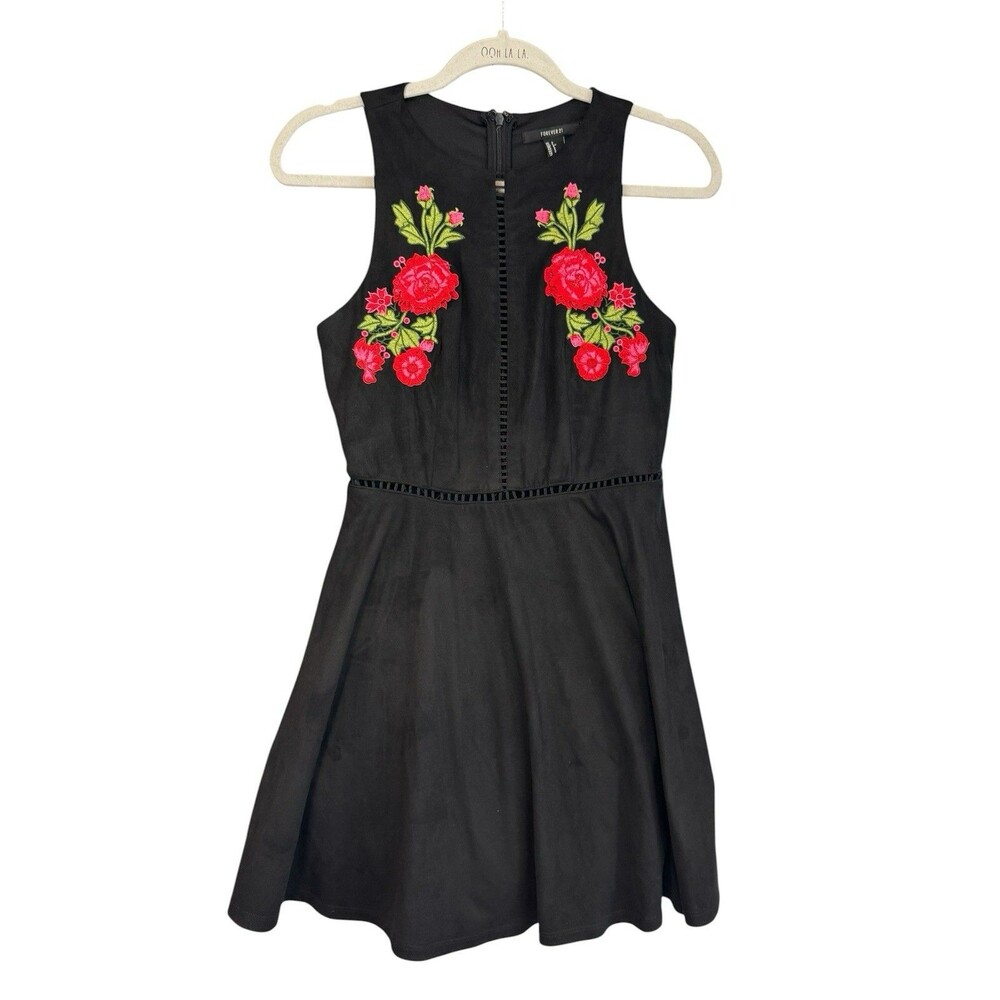 FOREVER 21 Mini Dress Size S Black Red Embroidered Flowers Suede Zipper Womens